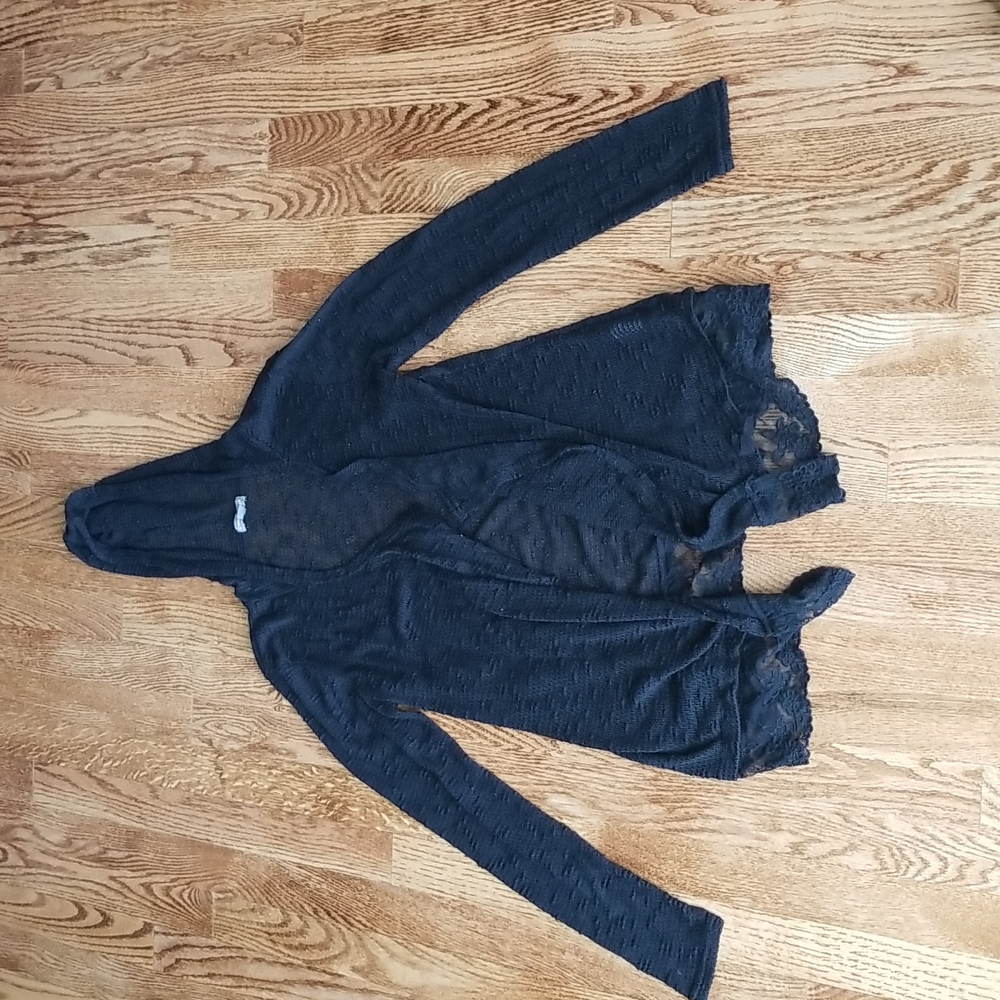 (S) Warehouse One Thin Knit Cardigan Lace Accents Hooded Goth Casual Loungewear